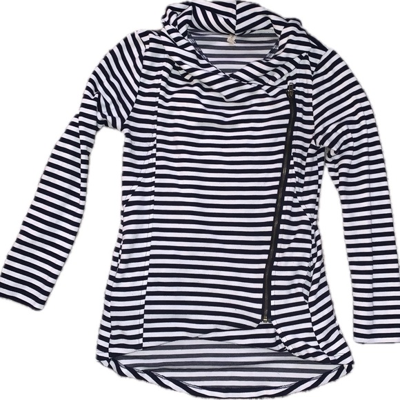 My Beloved Chic Striped Top with Asymmetrical Zipper Detail and Pockets - Picture 1 of 7